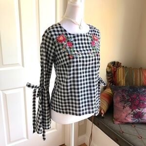 Gingham Top Black White Check Embroidered Vintage (S)